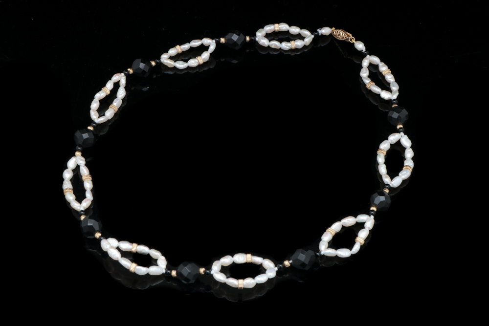 14K Yellow Gold, Freshwater Pearl and Black Chalcedony Necklace