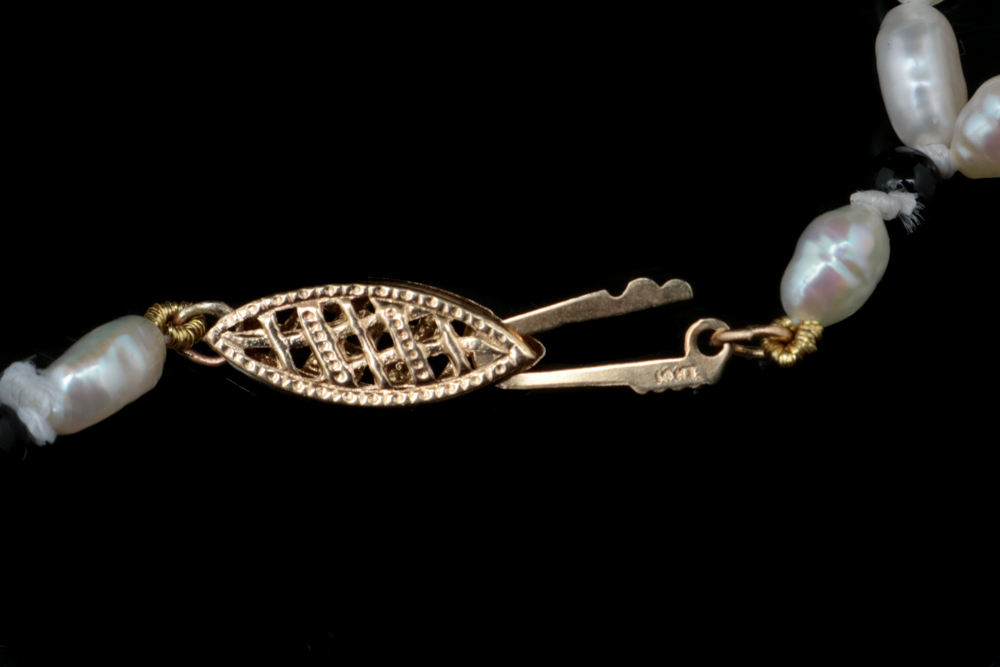 14K Yellow Gold, Freshwater Pearl and Black Chalcedony Necklace