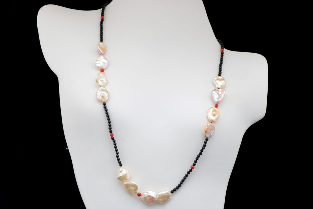 14K Yellow Gold, Red and Black Chalcedony and Baroque Pearl Necklace