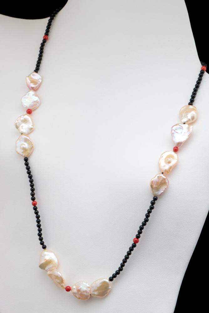 14K Yellow Gold, Red and Black Chalcedony and Baroque Pearl Necklace