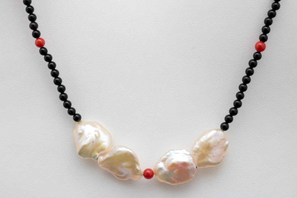 14K Yellow Gold, Red and Black Chalcedony and Baroque Pearl Necklace