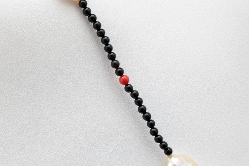 14K Yellow Gold, Red and Black Chalcedony and Baroque Pearl Necklace