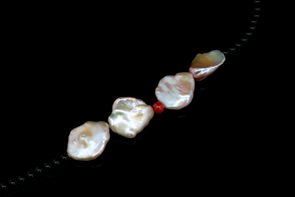 14K Yellow Gold, Red and Black Chalcedony and Baroque Pearl Necklace