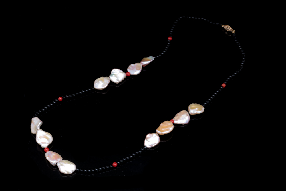 14K Yellow Gold, Red and Black Chalcedony and Baroque Pearl Necklace