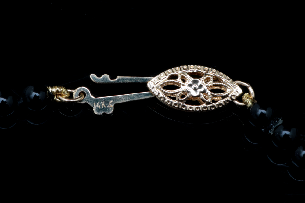 14K Yellow Gold, Red and Black Chalcedony and Baroque Pearl Necklace