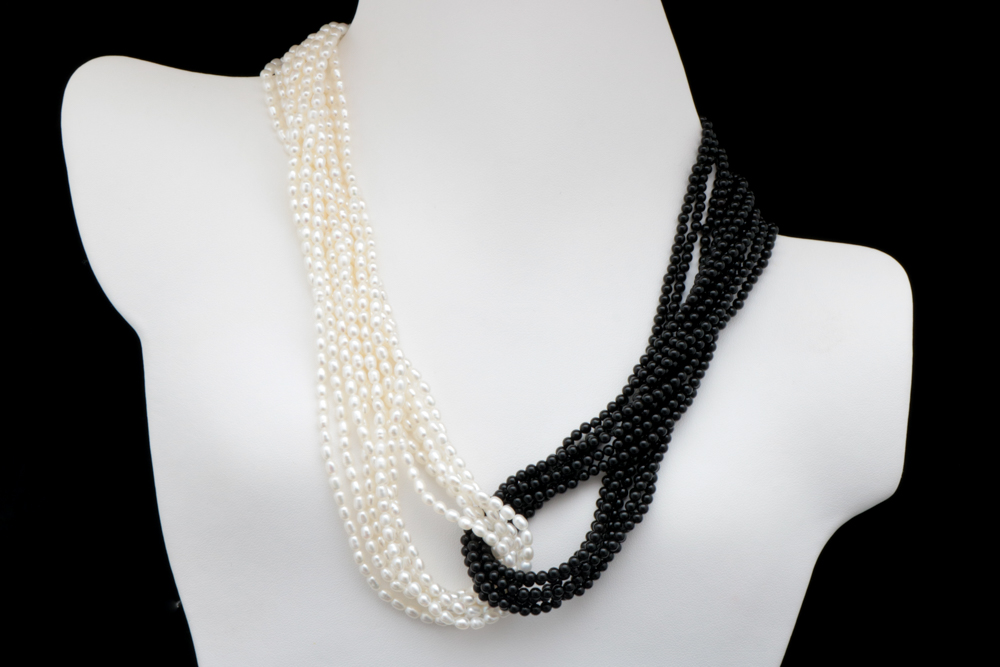 14K Yellow Gold, Freshwater Pearl and Black Chalcedony Necklace