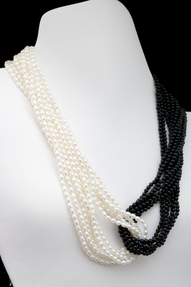 14K Yellow Gold, Freshwater Pearl and Black Chalcedony Necklace