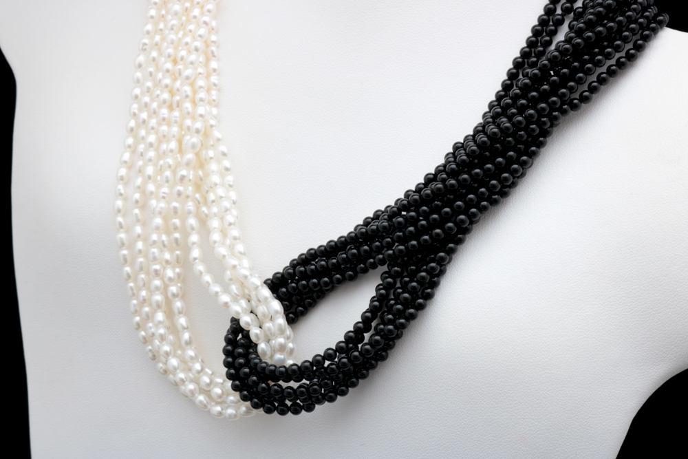 14K Yellow Gold, Freshwater Pearl and Black Chalcedony Necklace