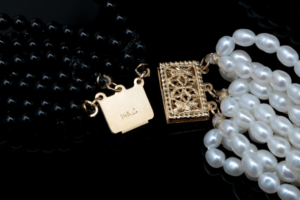 14K Yellow Gold, Freshwater Pearl and Black Chalcedony Necklace