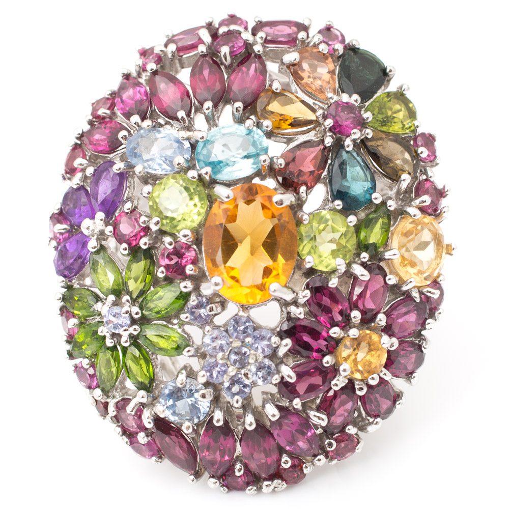 Sterling Silver Large 15.79 CTW Multi-Gemstone Flower Ring