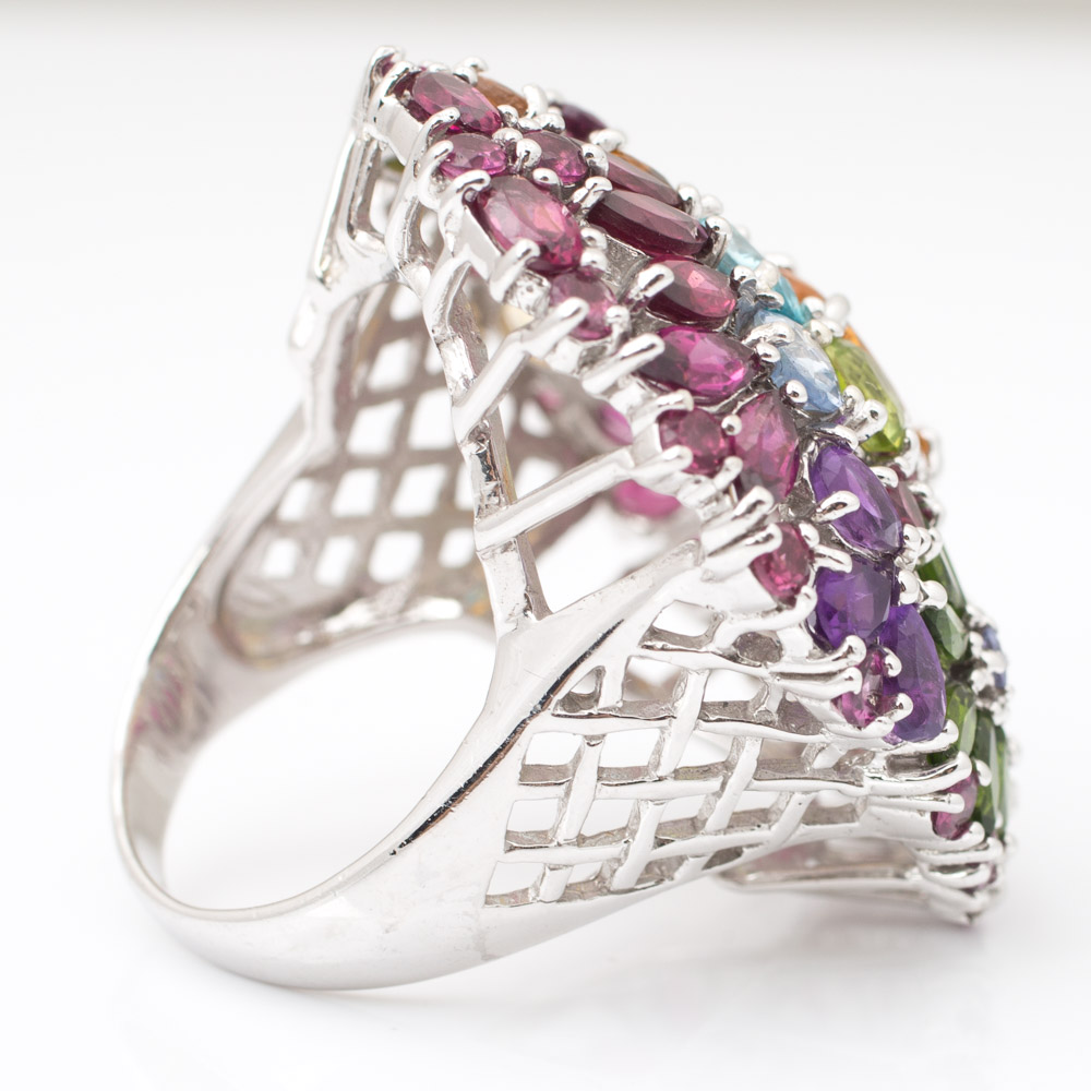Sterling Silver Large 15.79 CTW Multi-Gemstone Flower Ring