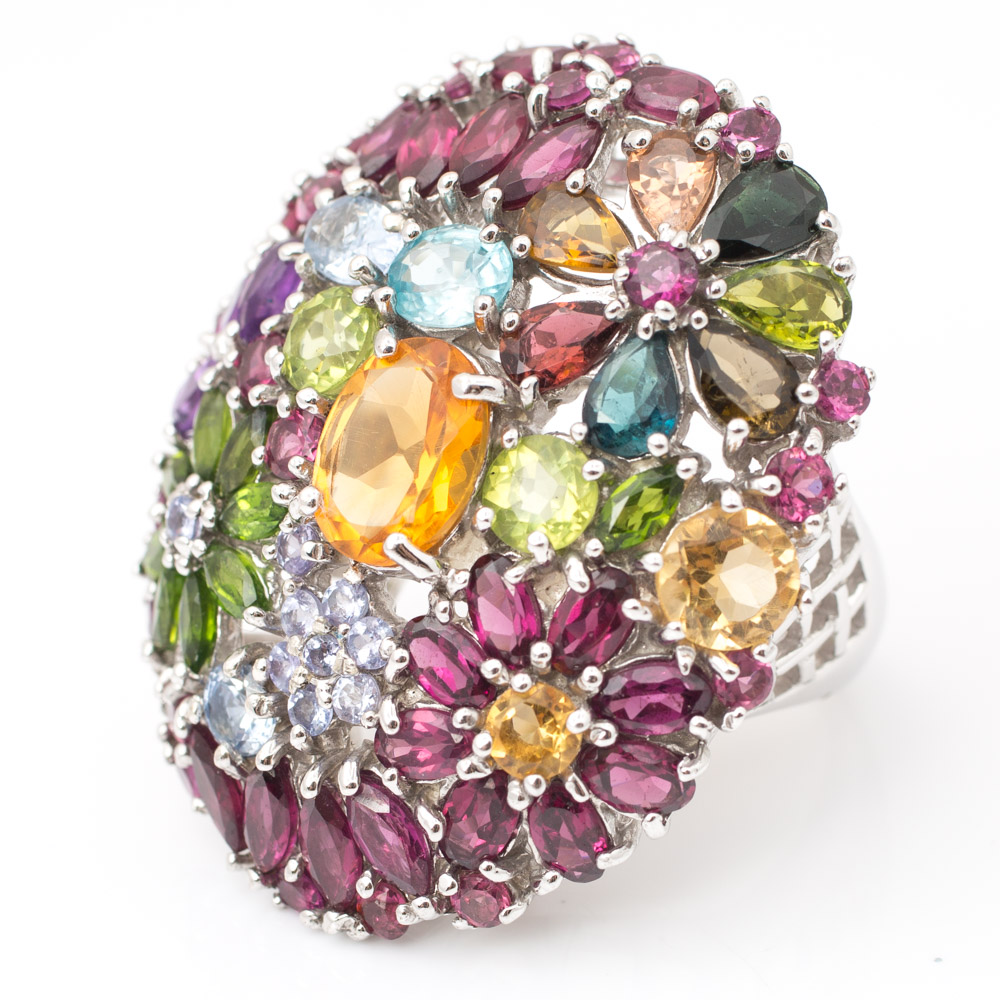 Sterling Silver Large 15.79 CTW Multi-Gemstone Flower Ring
