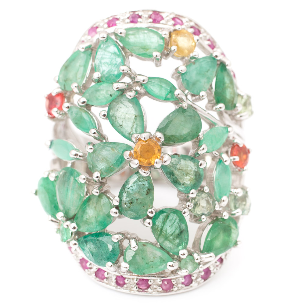 Sterling Silver Emerald, Sapphire, and Ruby Flower Ring