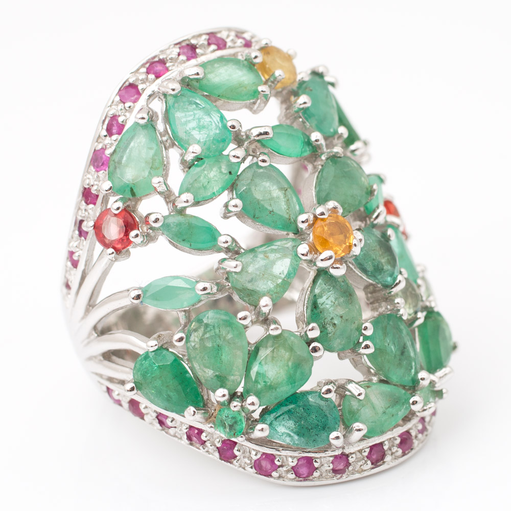 Sterling Silver Emerald, Sapphire, and Ruby Flower Ring