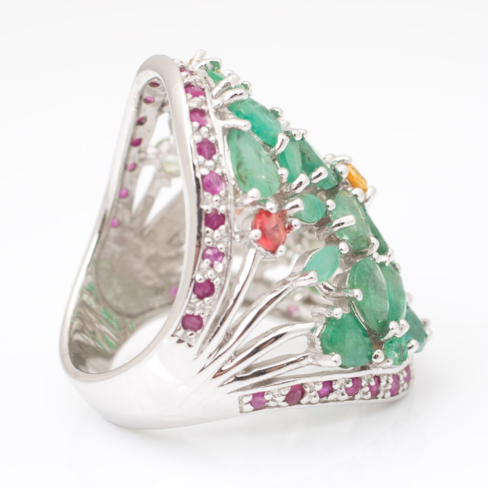 Sterling Silver Emerald, Sapphire, and Ruby Flower Ring