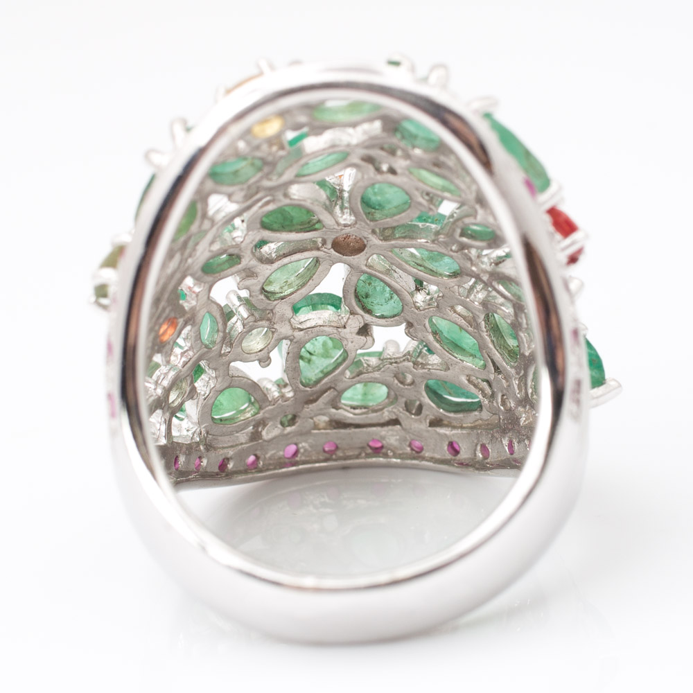 Sterling Silver Emerald, Sapphire, and Ruby Flower Ring