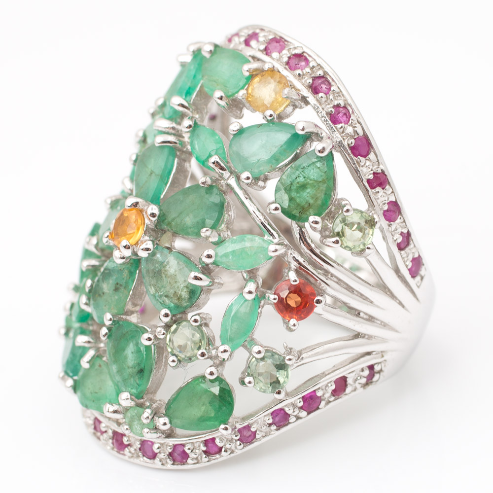 Sterling Silver Emerald, Sapphire, and Ruby Flower Ring