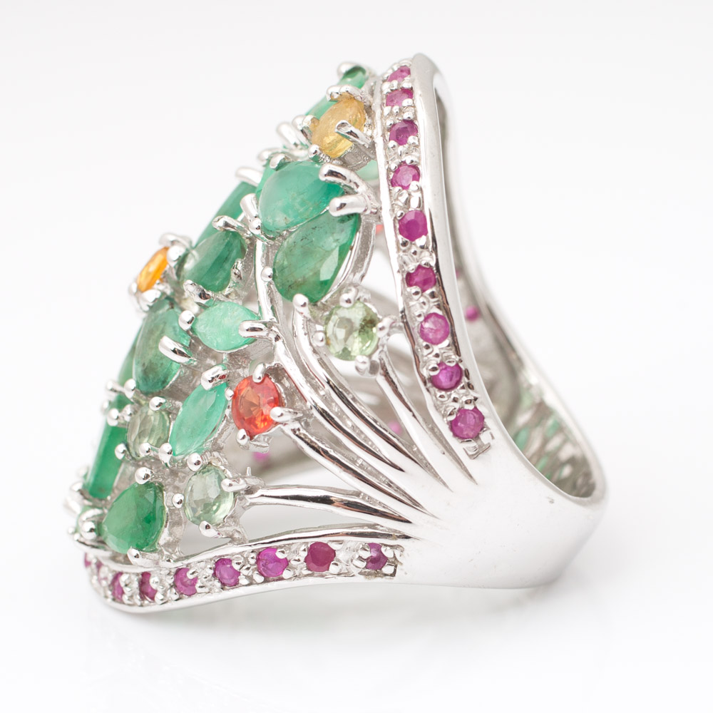 Sterling Silver Emerald, Sapphire, and Ruby Flower Ring