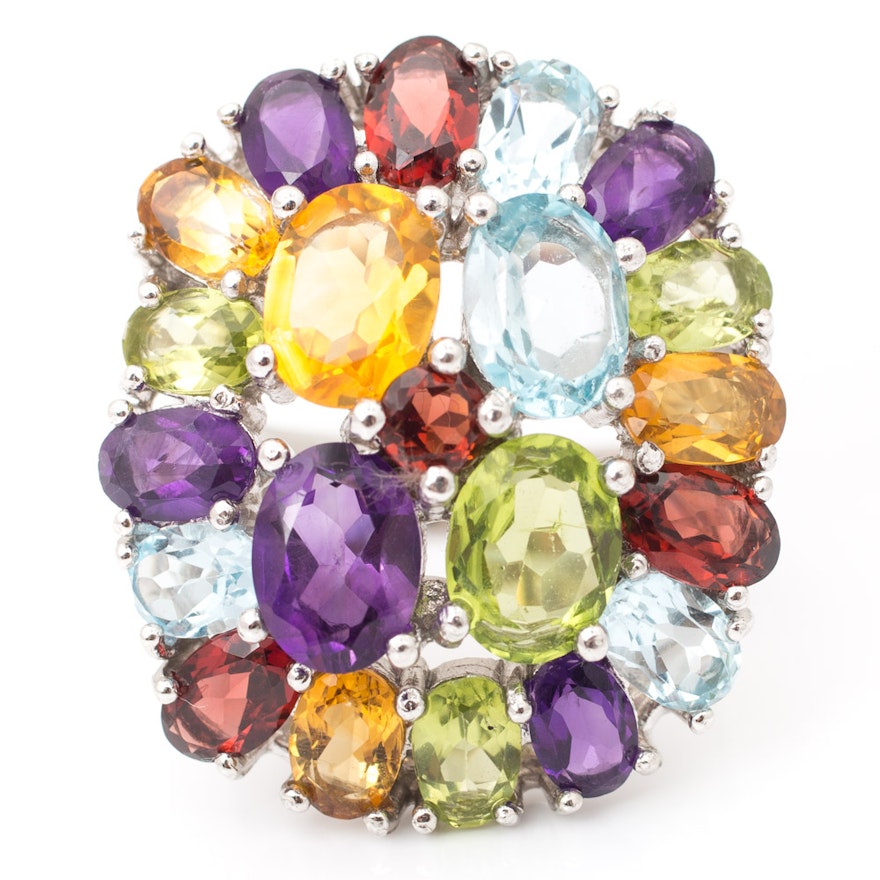 Sterling Silver 14.20 CTW Multicolor Gemstone Ring