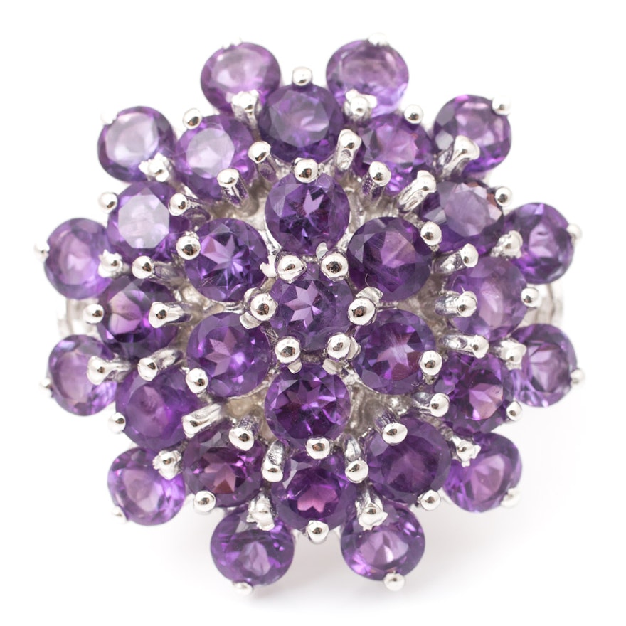 Sterling Silver Round Amethyst Cluster Ring