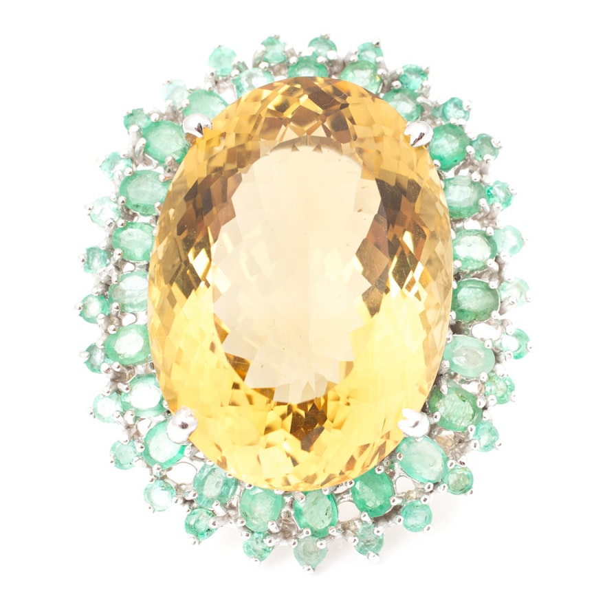 Sterling Silver 63.55 CT Citrine Ring with Double Emerald Halo