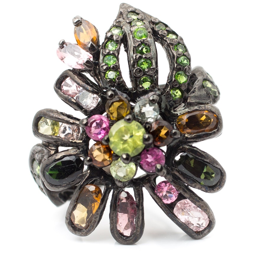 Blackened Sterling Silver Multicolor Tourmaline and Peridot Ring