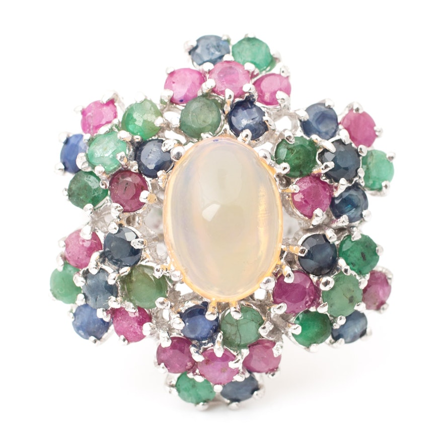 Sterling Silver Opal Ring with Ruby, Emerald and Sapphire Flower Accents