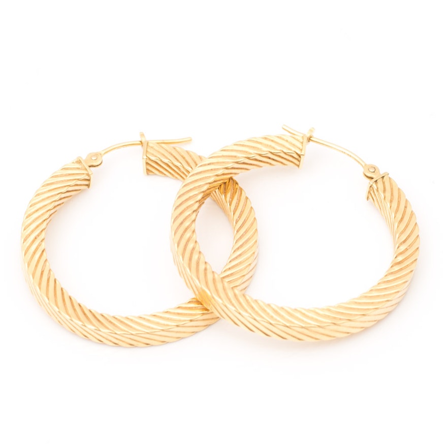 18K Yellow Gold Engraved Hoop Earrings