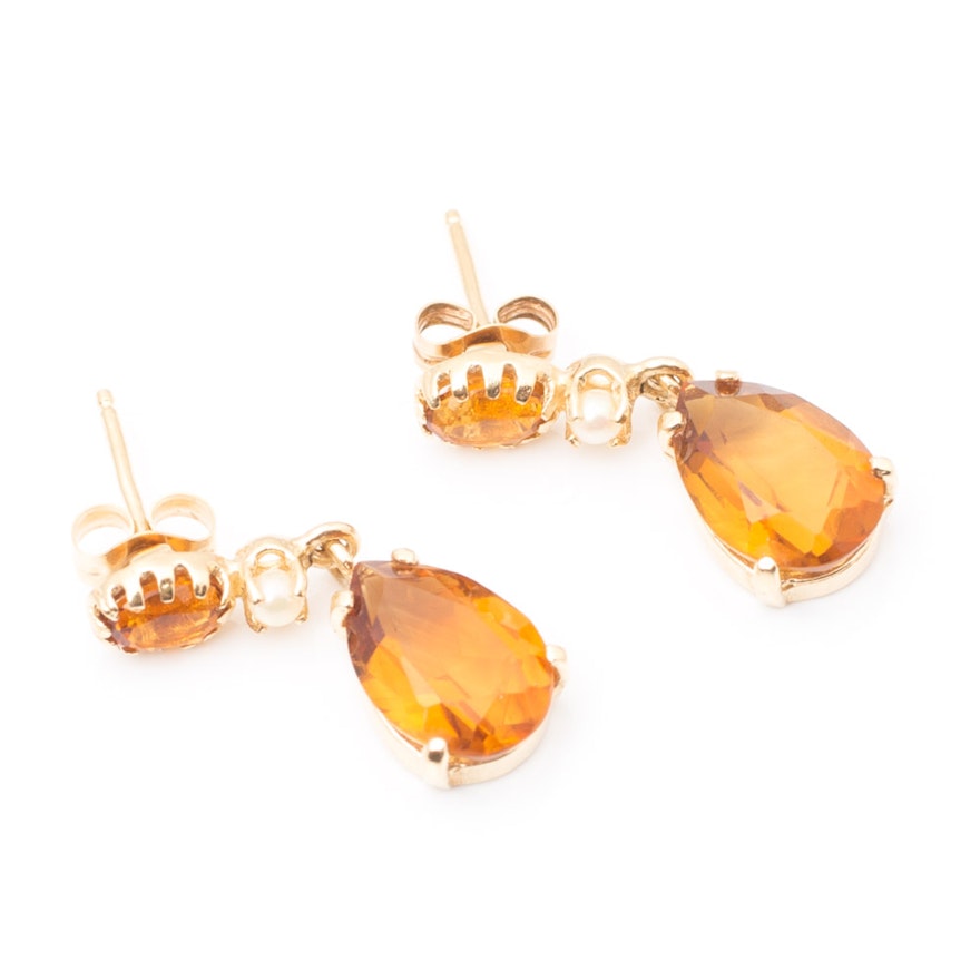 14K Yellow Gold Citrine and Pearl Drop Earrings