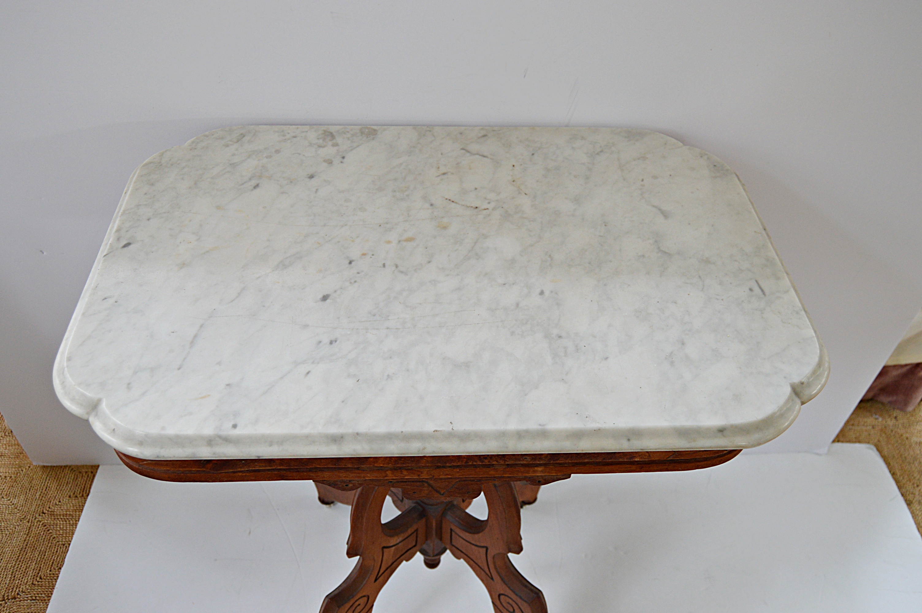 Victorian Eastlake Walnut Parlor Table with Marble Top
