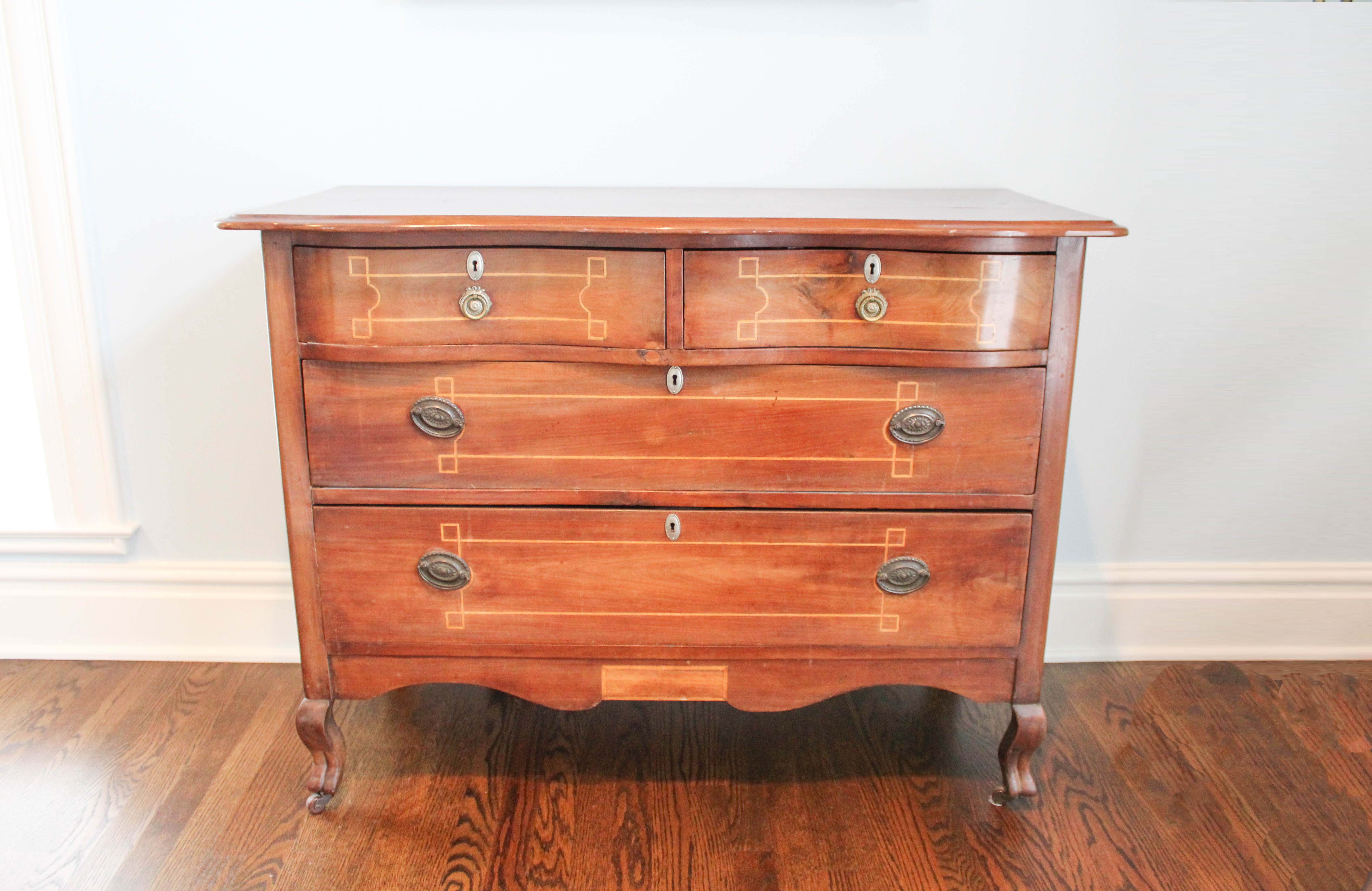 Antique Cherry Chest of Drawers with Lightwood Inlay Borders