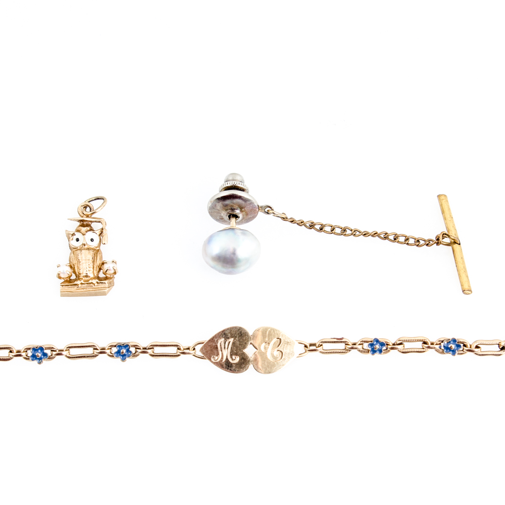 10K Yellow Gold Bracelet , 14K Yellow Gold Owl Pendant and Baroque Pearl Tie Pin