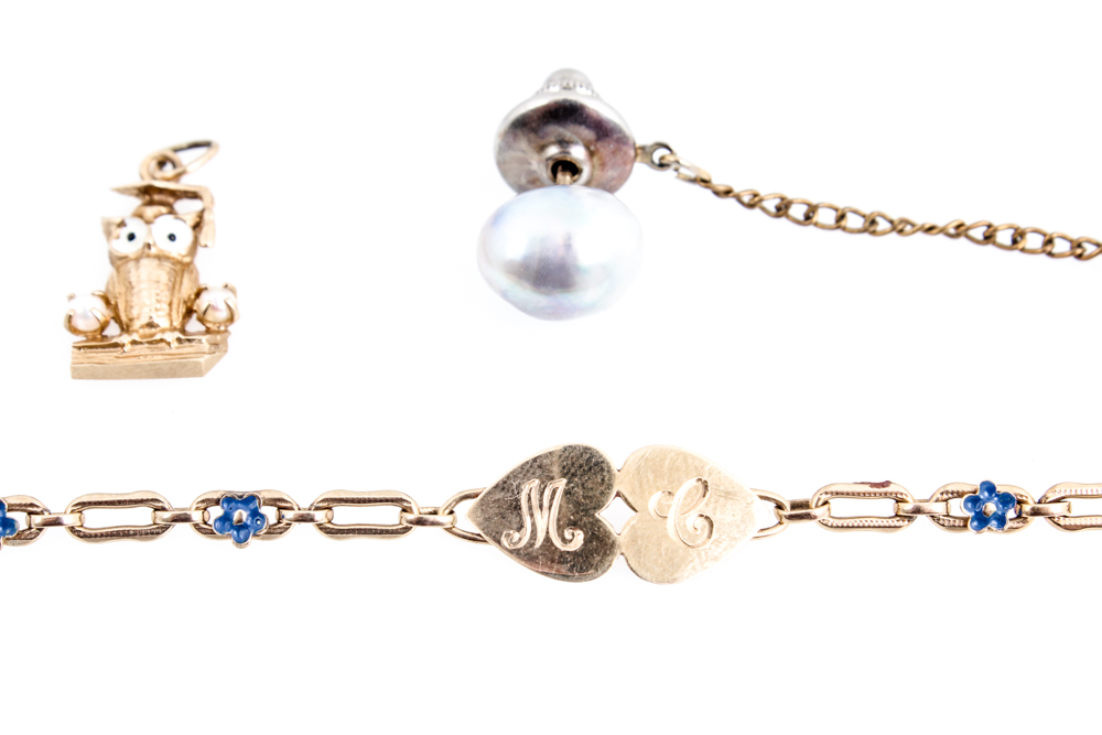 10K Yellow Gold Bracelet , 14K Yellow Gold Owl Pendant and Baroque Pearl Tie Pin