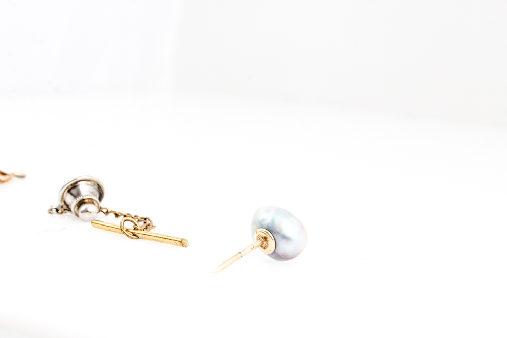 10K Yellow Gold Bracelet , 14K Yellow Gold Owl Pendant and Baroque Pearl Tie Pin