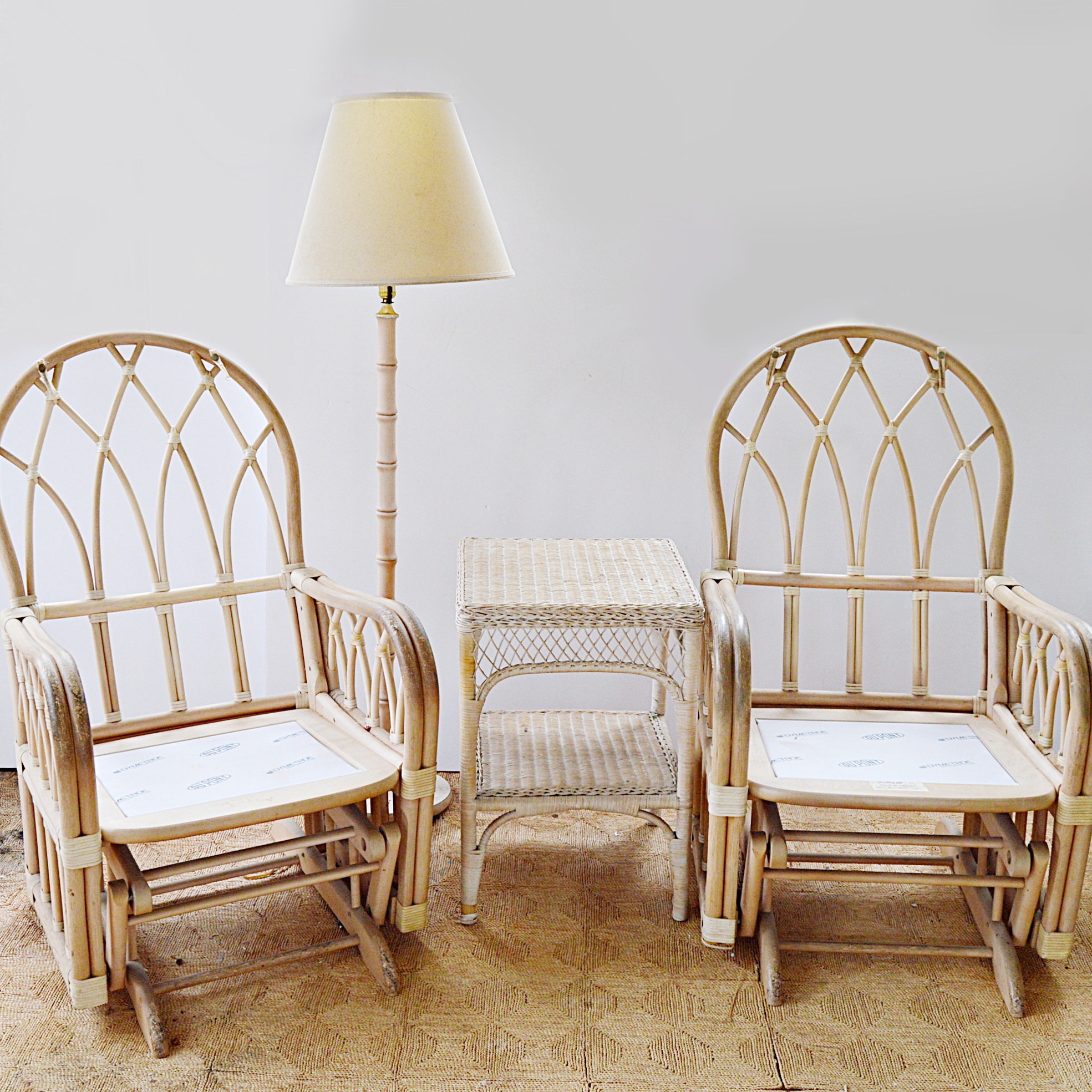 Canadian Bentwood Platform Rockers, Floor Lamp, Wicker Table