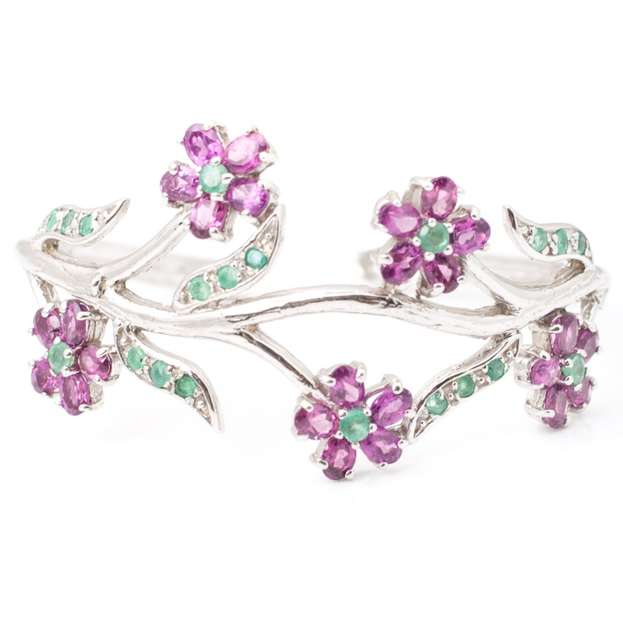 Sterling Silver Amethyst and Emerald Flower Cuff Bracelet