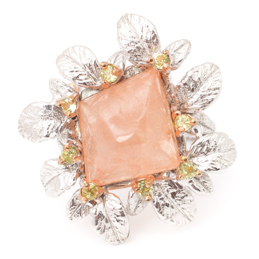 Sterling Silver Tumbled Morganite Ring with Peridot Side Stones