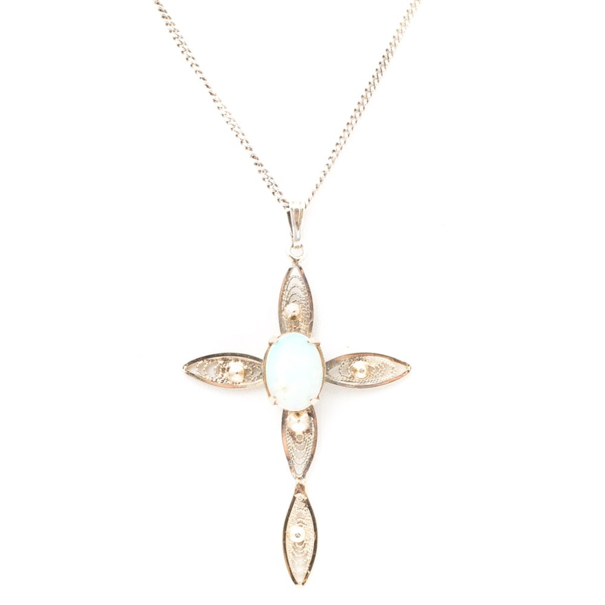 Sterling Silver Synthetic Opal Cross Pendant Necklace