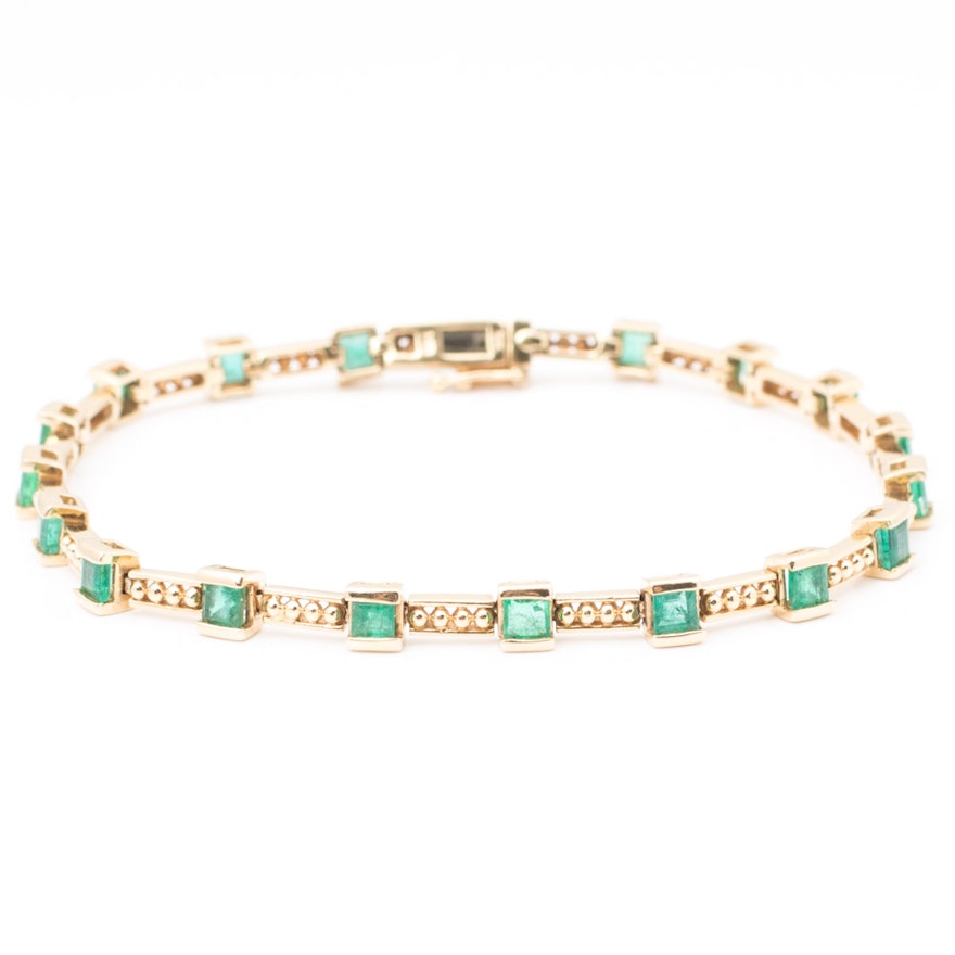 14K Yellow Gold Emerald Half Bar Set Bracelet