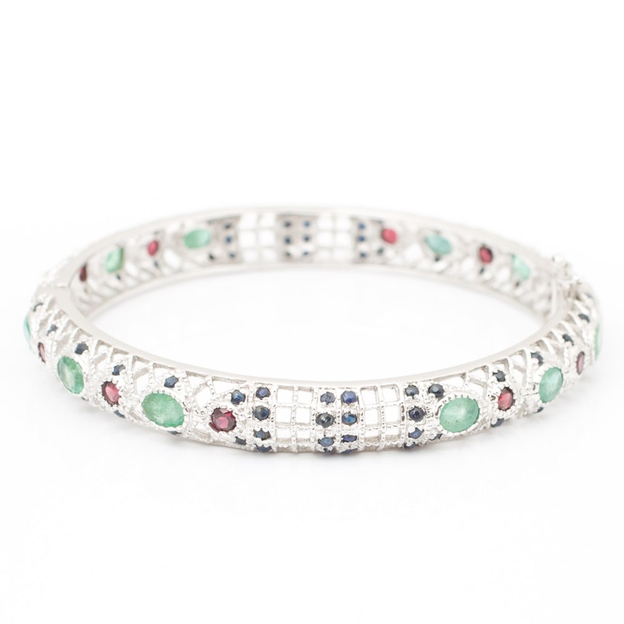 Sterling Silver Emerald, Sapphire and Garnet Open Design Bangle Bracelet