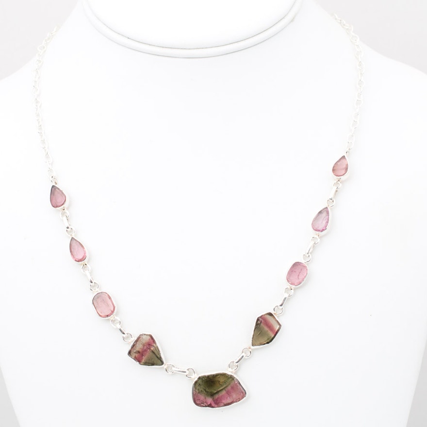 Sterling Silver Watermelon Tourmaline Station Necklace