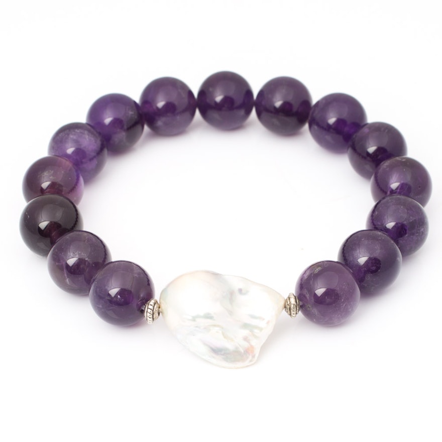 Amethyst and Blister Pearl Stretch Bracelet