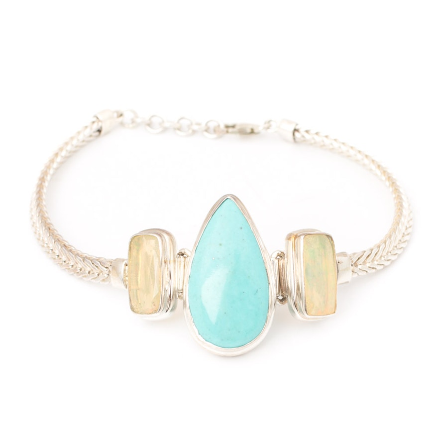 Sterling Silver Turquoise and Lab Created Opal Bracelet