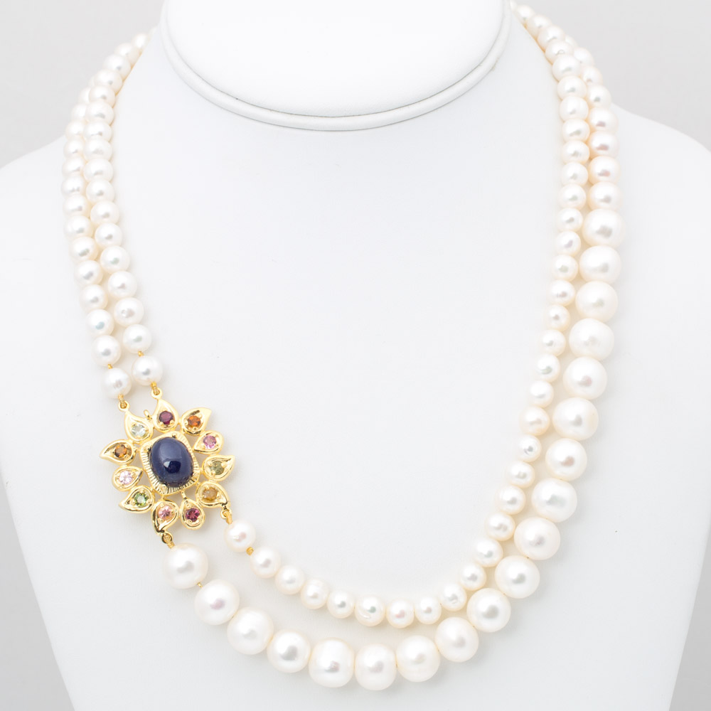 Sterling Silver Double Strand Freshwater Pearl Necklace with Gemstone Pendant