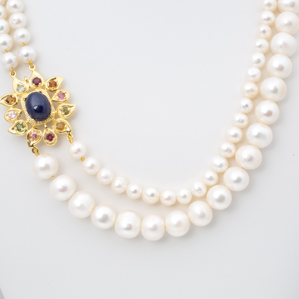 Sterling Silver Double Strand Freshwater Pearl Necklace with Gemstone Pendant
