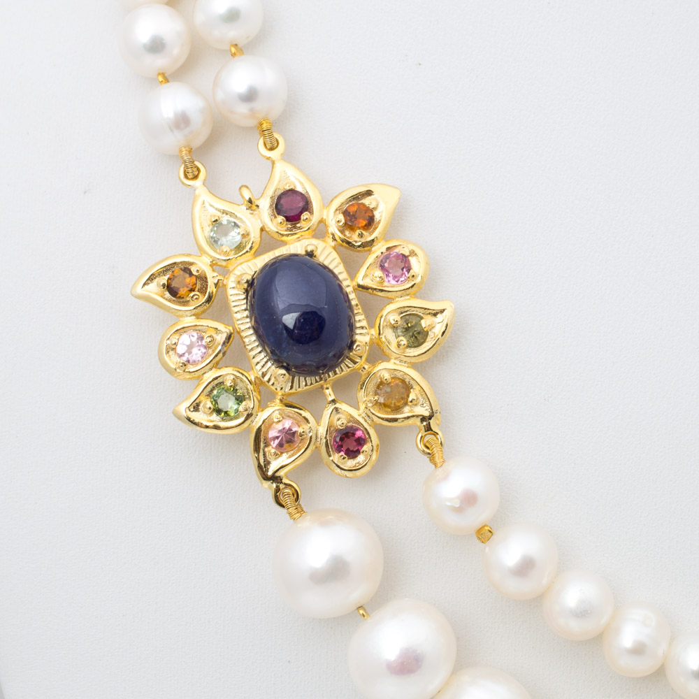 Sterling Silver Double Strand Freshwater Pearl Necklace with Gemstone Pendant