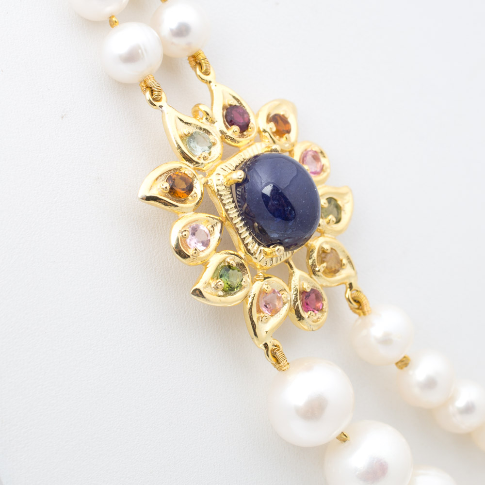 Sterling Silver Double Strand Freshwater Pearl Necklace with Gemstone Pendant