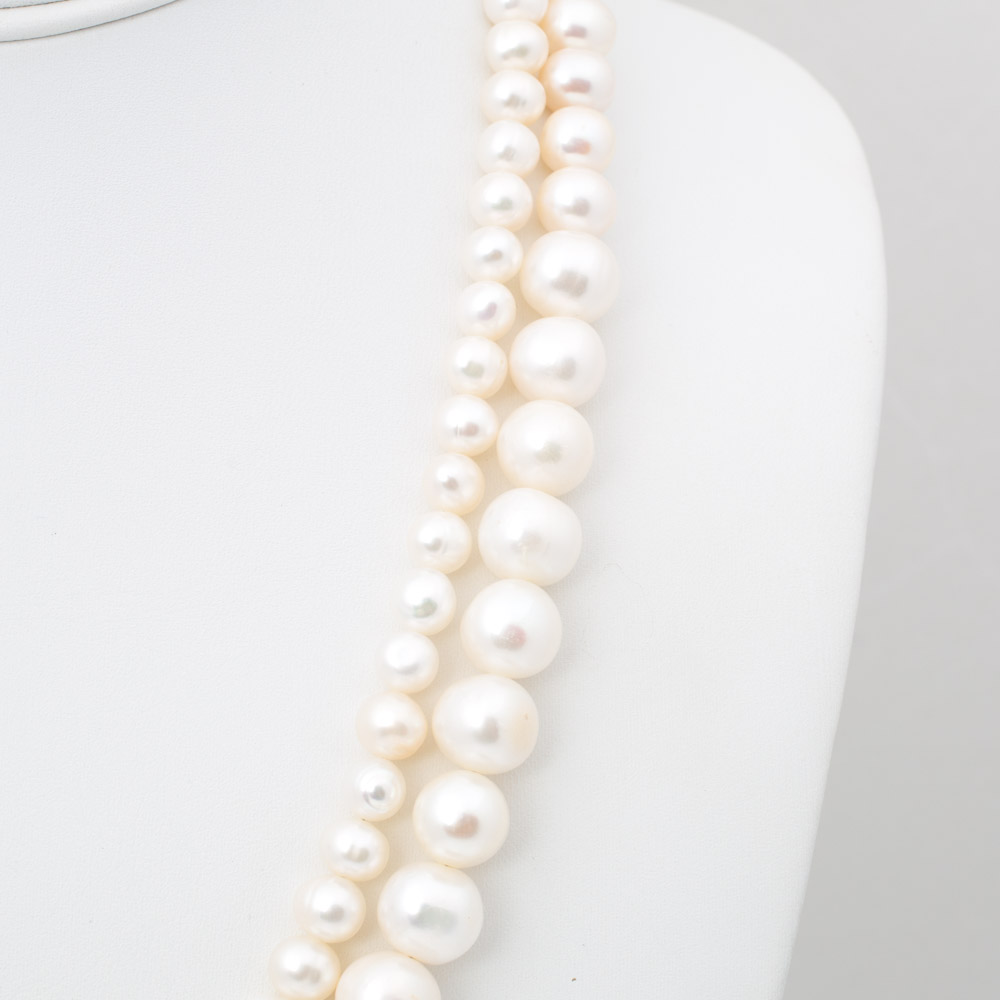 Sterling Silver Double Strand Freshwater Pearl Necklace with Gemstone Pendant