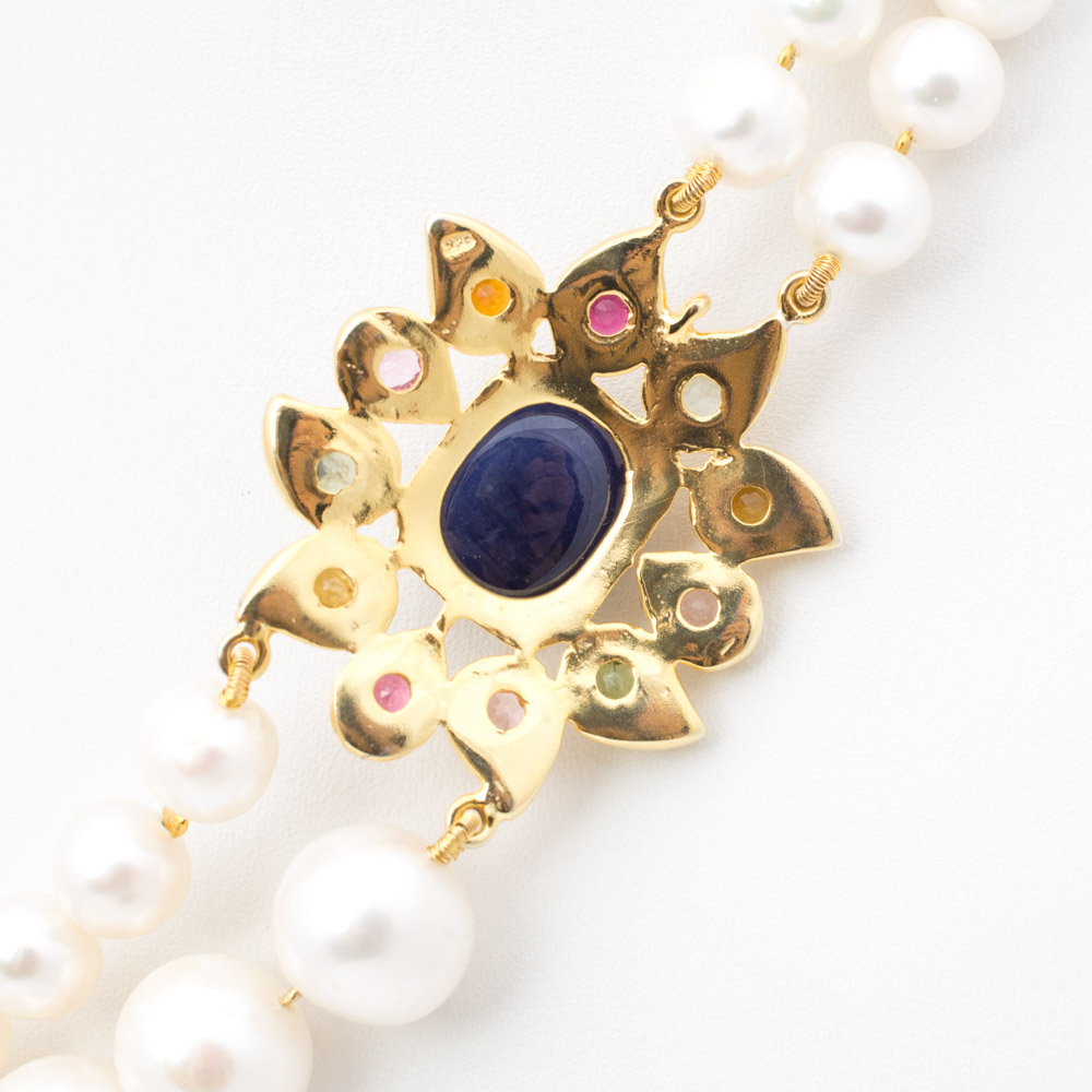 Sterling Silver Double Strand Freshwater Pearl Necklace with Gemstone Pendant