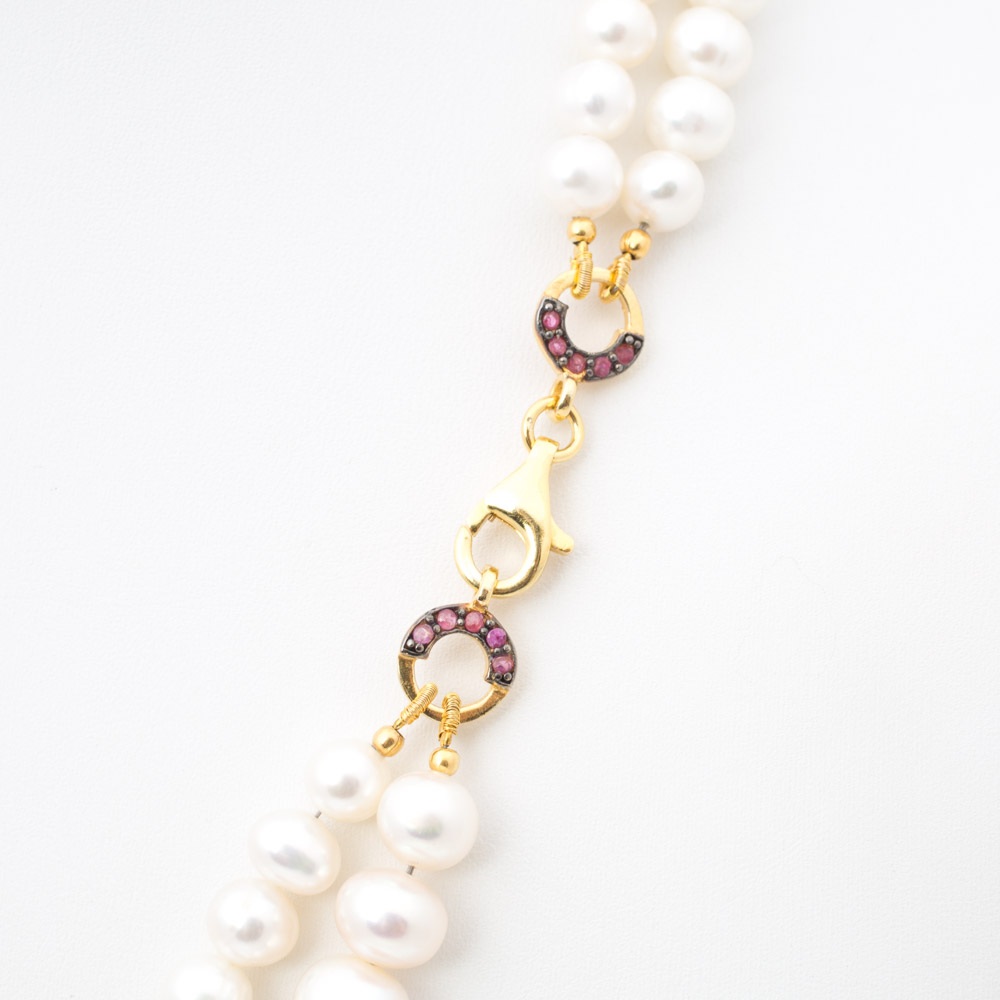 Sterling Silver Double Strand Freshwater Pearl Necklace with Gemstone Pendant